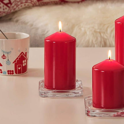 4 Pack Red Wax Pillar Advent Candles Xmas Wedding Party Table Room Centrepiece Decor Graduated sized 6 to 15cm High