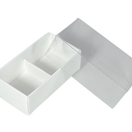 50 Pack of White Card Chocolate Sweet Soap Product Retail Gift Box - 2 Bay Compartments - Clear Slide On Lid - 8x4x3cm