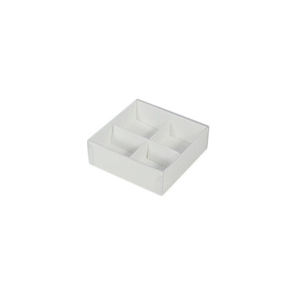 50 Pack of White Card Chocolate Sweet Soap Product Retail Gift Box - 4 Bay Compartments - Clear Slide On Lid - 8x8x3cm