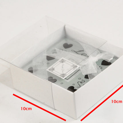 50 Pack of 10cm Square Invitation Coaster Favor Function product Presentation Cookie Biscuit Patisserie Gift Box - 4cm deep - White Card with Clear Slide On PVC Lid