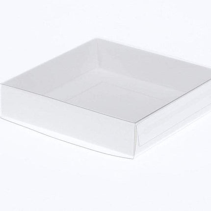 50 Pack of 10cm Square Invitation Coaster Favor Function product Presentation Cookie Biscuit Patisserie Gift Box - 4cm deep - White Card with Clear Slide On PVC Lid