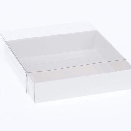 50 Pack of 10cm Square Invitation Coaster Favor Function product Presentation Cookie Biscuit Patisserie Gift Box - 4cm deep - White Card with Clear Slide On PVC Lid