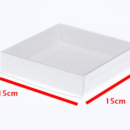 50 Pack of 15cm Square Invitation Coaster Favor Function product Presentation Cookie Biscuit Patisserie Gift Box - 4cm deep - White Card with Clear Slide On PVC Lid