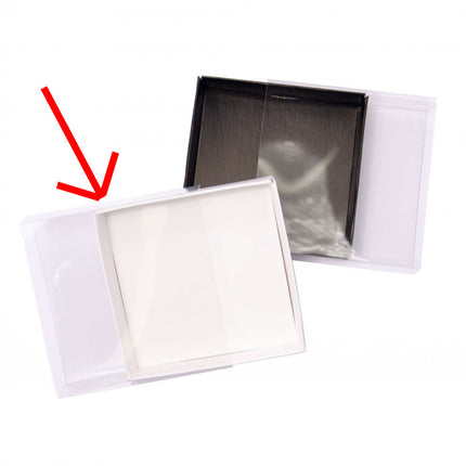50 Pack of 15cm Square Invitation Coaster Favor Function product Presentation Cookie Biscuit Patisserie Gift Box - 4cm deep - White Card with Clear Slide On PVC Lid