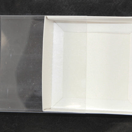 50 Pack of 8cm Square Wedding Invitation Coaster Favor Function product Presentation Cookie Biscuit Patisserie Gift Box - 2cm deep - White Card with Clear Slide On PVC Lid