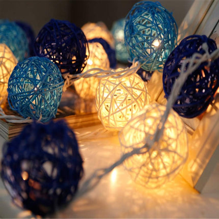 1 Set of Blue n White 5cm Rattan Cane 20 Ball Battery Powered 3m String Lights Christmas Gift Home Wedding Party Bedroom Decoration Table Centrepiece