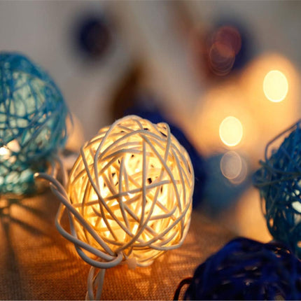 1 Set of Blue n White 5cm Rattan Cane 20 Ball Battery Powered 3m String Lights Christmas Gift Home Wedding Party Bedroom Decoration Table Centrepiece