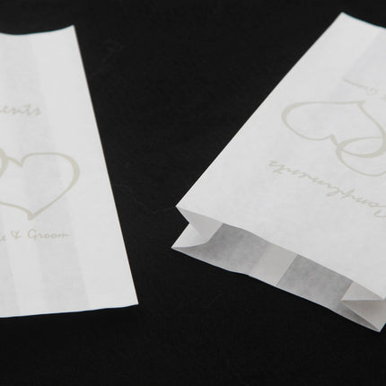50 Pack Wedding Cake Bags Greaseproof Wax Paper Slice Take Home Favour Silver Heart n Message