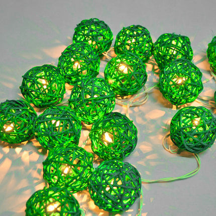 1 Set of Green 5cm Rattan Cane 20 Ball Battery Powered 3m String Lights Christmas Gift Home Wedding Party Bedroom Decoration Table Centrepiece