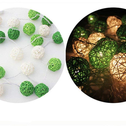 1 Set of Green n White 5cm Rattan Cane 20 Ball Battery Powered 3m String Lights Christmas Gift Home Wedding Party Bedroom Decoration Table Centrepiece