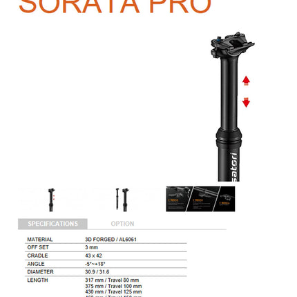 Satori Sorata Pro Height Adjustable Dropper SeatPost Internal Cable 31.6 Diameter 150mm Travel