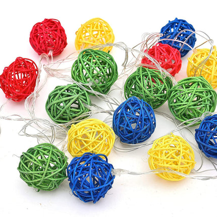 1 Set of Multi Coloured 5cm Rattan Cane 50 Ball Battery Powered LONG 5m String Lights Christmas Gift Home Wedding Party Bedroom Decoration Table Centrepiece