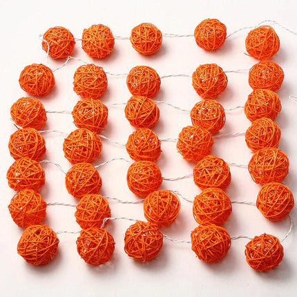 1 Set of Orange 5cm Rattan Cane 20 Ball Battery Powered 3m String Lights Christmas Gift Home Wedding Party Bedroom Decoration Table Centrepiece