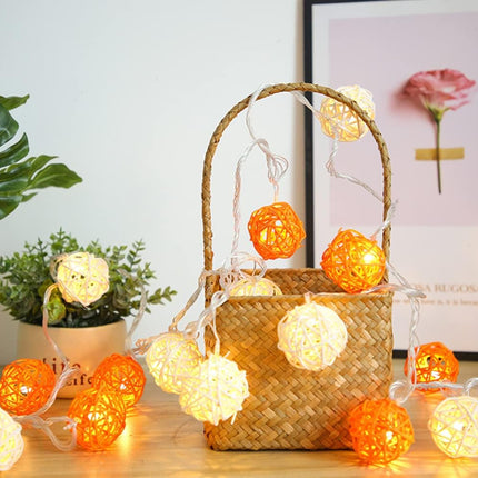 1 Set of Orange n White 5cm Rattan Cane 20 Ball Battery Powered 3m String Lights Christmas Gift Home Wedding Party Bedroom Decoration Table Centrepiece