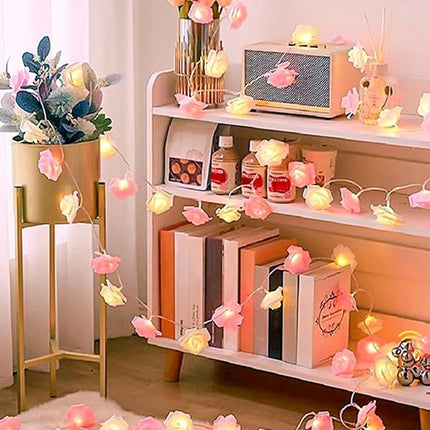 50 Pink n White Rose 3D Fairy Lights 5M LONG String, Battery (AA) Indoor & Outdoor Decorations Wedding Valentines Romantic Room Table Lighting