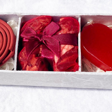 Red Heart Candle Spa Giftset - Red Heart candle, 3 Incense Coils, Pot Porri Satchet in Gift Box