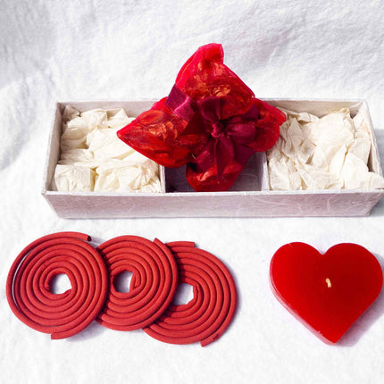 Red Heart Candle Spa Giftset - Red Heart candle, 3 Incense Coils, Pot Porri Satchet in Gift Box
