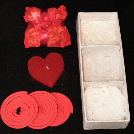 Red Heart Candle Spa Giftset - Red Heart candle, 3 Incense Coils, Pot Porri Satchet in Gift Box