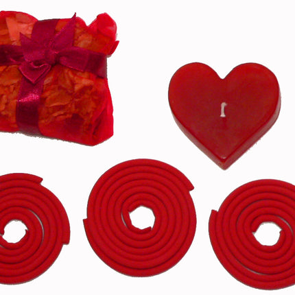 Red Heart Candle Spa Giftset - Red Heart candle, 3 Incense Coils, Pot Porri Satchet in Gift Box