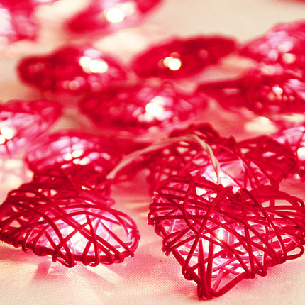 20 Red 3D Hollowed Rattan Heart-Shaped 3M String Fairy Lights, Battery (AA) Indoor & Outdoor Decorations Wedding Valentines Romantic Room Table Lighting