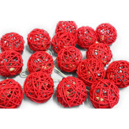 1 Set of Red 5cm Rattan Cane 20 Ball Battery Powered 3m String Lights Christmas Gift Home Wedding Party Bedroom Decoration Table Centrepiece