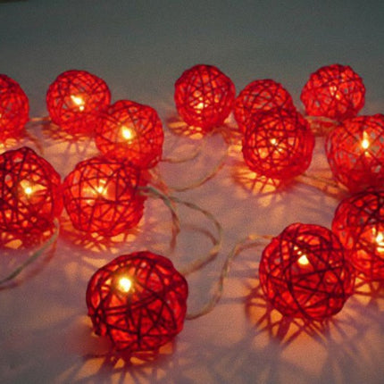 1 Set of Red 5cm Rattan Cane 20 Ball Battery Powered 3m String Lights Christmas Gift Home Wedding Party Bedroom Decoration Table Centrepiece