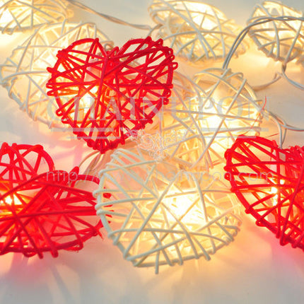 20 Red and White 3D Hollowed Rattan Heart-Shaped 3M String Fairy Lights, Battery (AA) Indoor & Outdoor Decorations Wedding Valentines Romantic Room Table Lighting