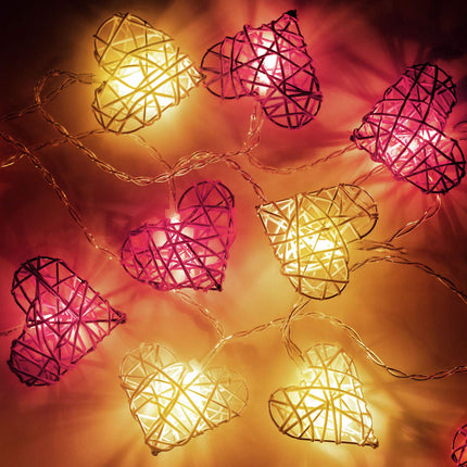 20 Red and White 3D Hollowed Rattan Heart-Shaped 3M String Fairy Lights, Battery (AA) Indoor & Outdoor Decorations Wedding Valentines Romantic Room Table Lighting