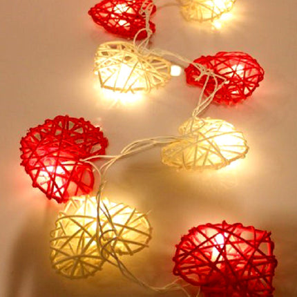 20 Red and White 3D Hollowed Rattan Heart-Shaped 3M String Fairy Lights, Battery (AA) Indoor & Outdoor Decorations Wedding Valentines Romantic Room Table Lighting