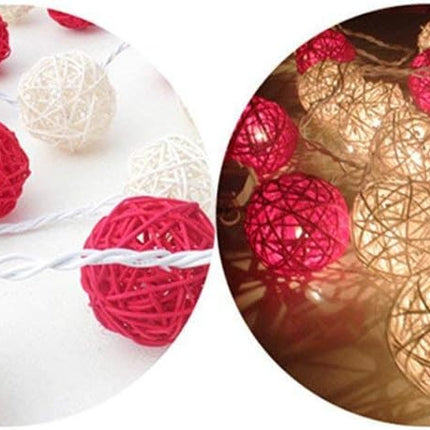 1 Set of Red and White 5cm Rattan Cane 50 Ball Battery Powered LONG 5m String Lights Christmas Gift Home Wedding Party Bedroom Decoration Table Centrepiece
