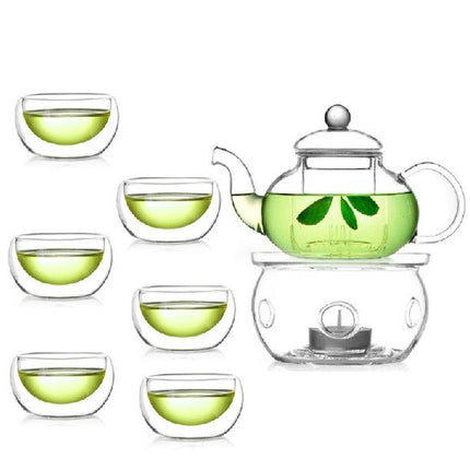 10 Wholesale Sets of Gongfu Chinese Ceremony Tea Set - 6 Glass cups with Infuser and Tealight Candle Pot Warmer