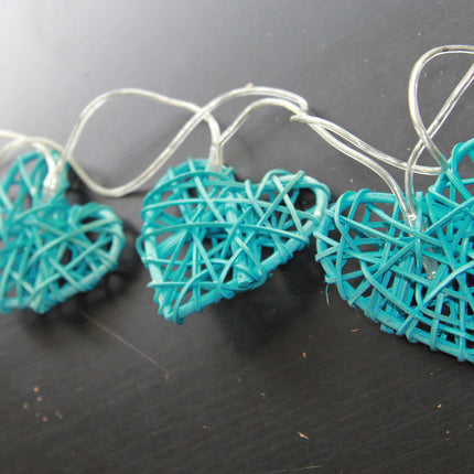 50 Turquoise Blue 3D Hollowed Rattan Heart-Shaped 5M LONG String Fairy Lights, Battery (AA) Indoor & Outdoor Decorations Birthday Kids Celebration PartyRoom Table Lighting