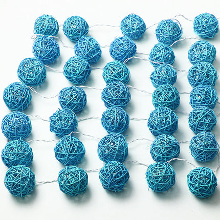 1 Set of Turquoise Blue 5cm Rattan Cane 50 Ball Battery Powered LONG 5m String Lights Christmas Gift Home Wedding Party Bedroom Decoration Table Centrepiece