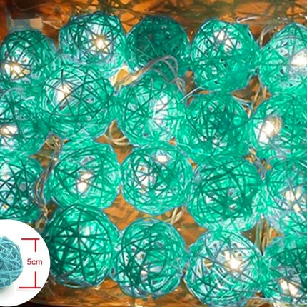 1 Set of Turquoise Blue 5cm Rattan Cane 50 Ball Battery Powered LONG 5m String Lights Christmas Gift Home Wedding Party Bedroom Decoration Table Centrepiece