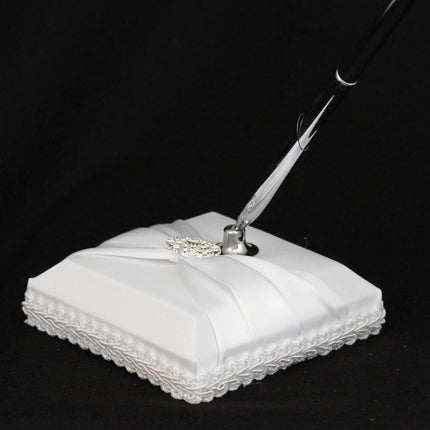 White Wedding Guest Book Register with Silver Pen Matching Stand Set 36 Lined Pages - White Sach Diamante Cover