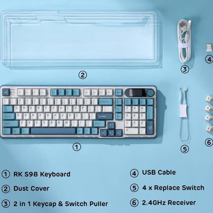 RK ROYAL KLUDGE S98 Mechanical Keyboard w/Smart Display & Knob, Top Mount 96% Wireless Mechanical Keyboard BT/2.4G/USB-C, Hot Swappable, Pale Green Switch 98 Keys