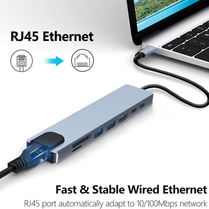 8in1 Hub USB-C To Type-C USB 3.0 4K HDMI RJ45 Ethernet SD TF OTG PD Port Adapter