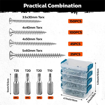 HORUSDY 324PCS Torx Wood Screws Assortment Kit Self Tapping with Storage Box