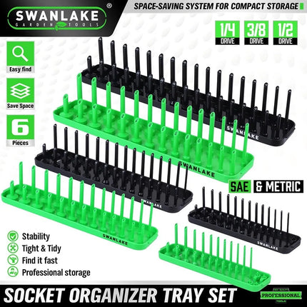 SWANLAKE 6PCS Socket Holder Tray Rack – Metric & SAE, 1/4" 3/8" 1/2" Drive