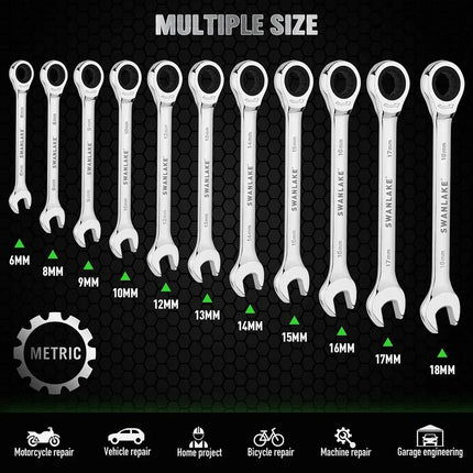SWANLAKE 12Pcs Metric Ratcheting Spanner Set 6-18mm CR-V Steel 72-Tooth Holder