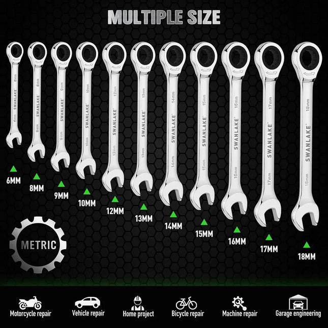 SWANLAKE 12Pcs Metric Ratcheting Spanner Set 6-18mm CR-V Steel 72-Tooth Holder