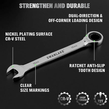 SWANLAKE 12Pcs Metric Ratcheting Spanner Set 6-18mm CR-V Steel 72-Tooth Holder