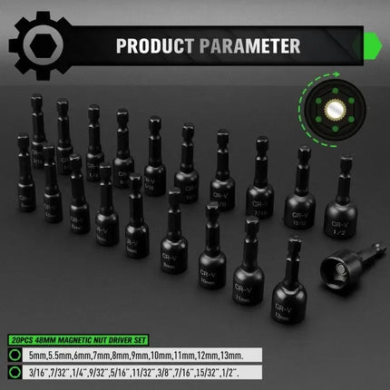 SWANLAKE 55Pc Magnetic Nut Driver Set Metric SAE 1/4" Hex Shank Socket Adapter