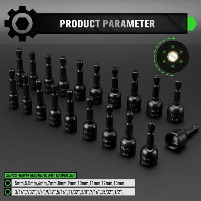 SWANLAKE 55Pc Magnetic Nut Driver Set Metric SAE 1/4" Hex Shank Socket Adapter