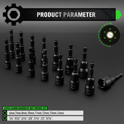 SWANLAKE 55Pc Magnetic Nut Driver Set Metric SAE 1/4" Hex Shank Socket Adapter