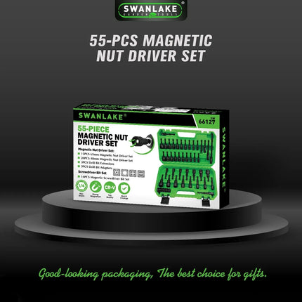 SWANLAKE 55Pc Magnetic Nut Driver Set Metric SAE 1/4" Hex Shank Socket Adapter