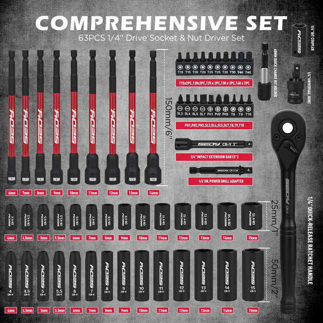 SWANLAKE 74Pcs Magnetic Nut Driver Set Impact Drill Socket Adapter Power Bit