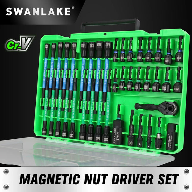 SWANLAKE 41Pcs 1/4" Magnetic Nut Driver Set SAE Metric Adapter Kit with Case