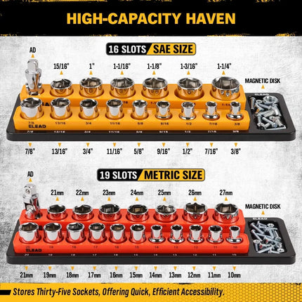 ELEAD 2Pc Magnetic Socket Organizer Set 1/2" SAE & Metric Holder Storage Tray