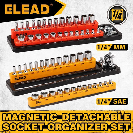 ELEAD 2Pc 1/4" Magnetic Socket Organizer Set SAE & Metric Holder Storage Tray